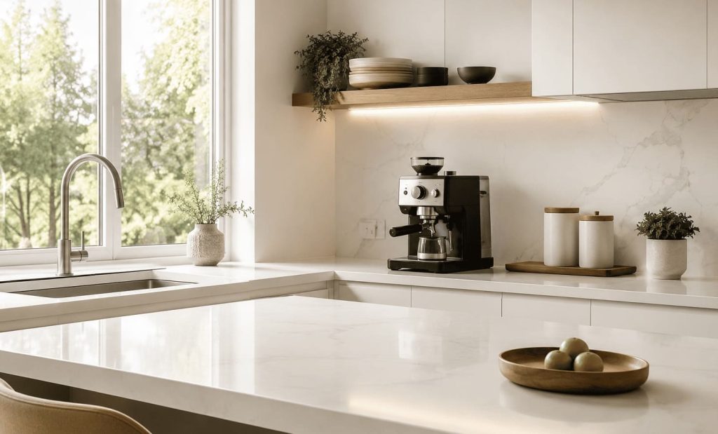 Plan de travail toujours propre dans une cuisine moderne organisée avec une surface dégagée.