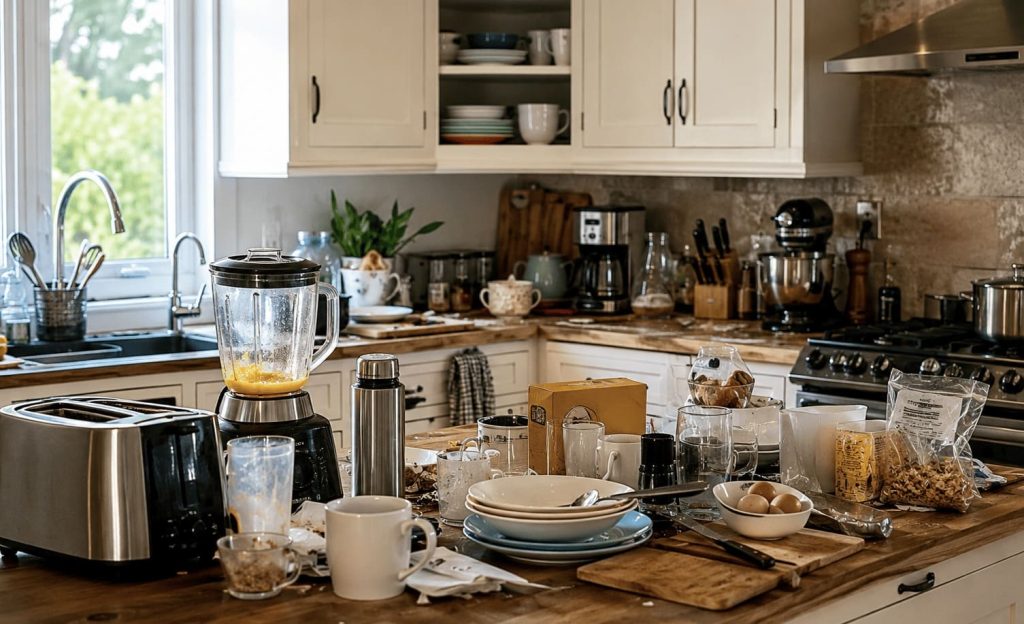 Causes du désordre dans une cuisine avec des appareils et des objets accumulés sur une surface de préparation.