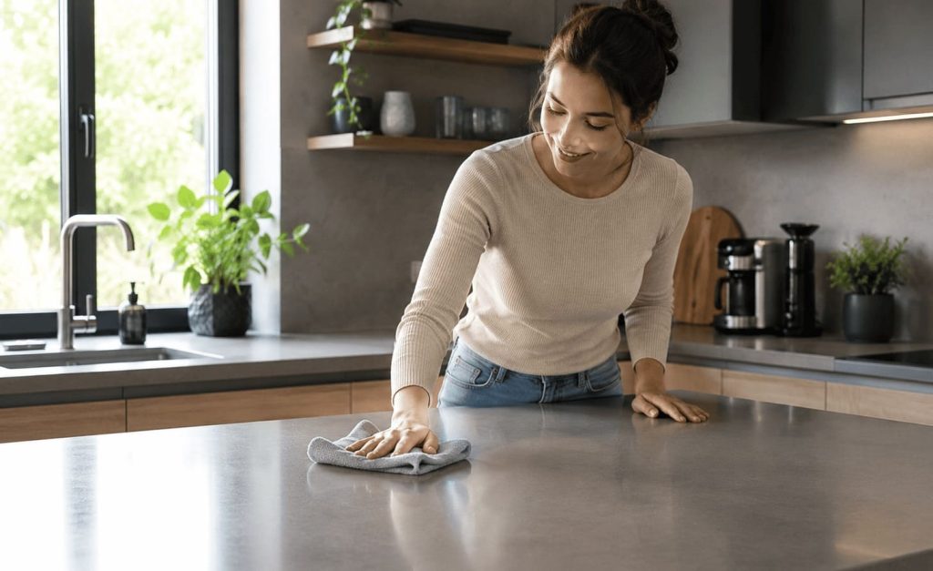 Routine de nettoyage quotidienne avec une surface de préparation propre, des objets bien rangés et un chiffon microfibre.