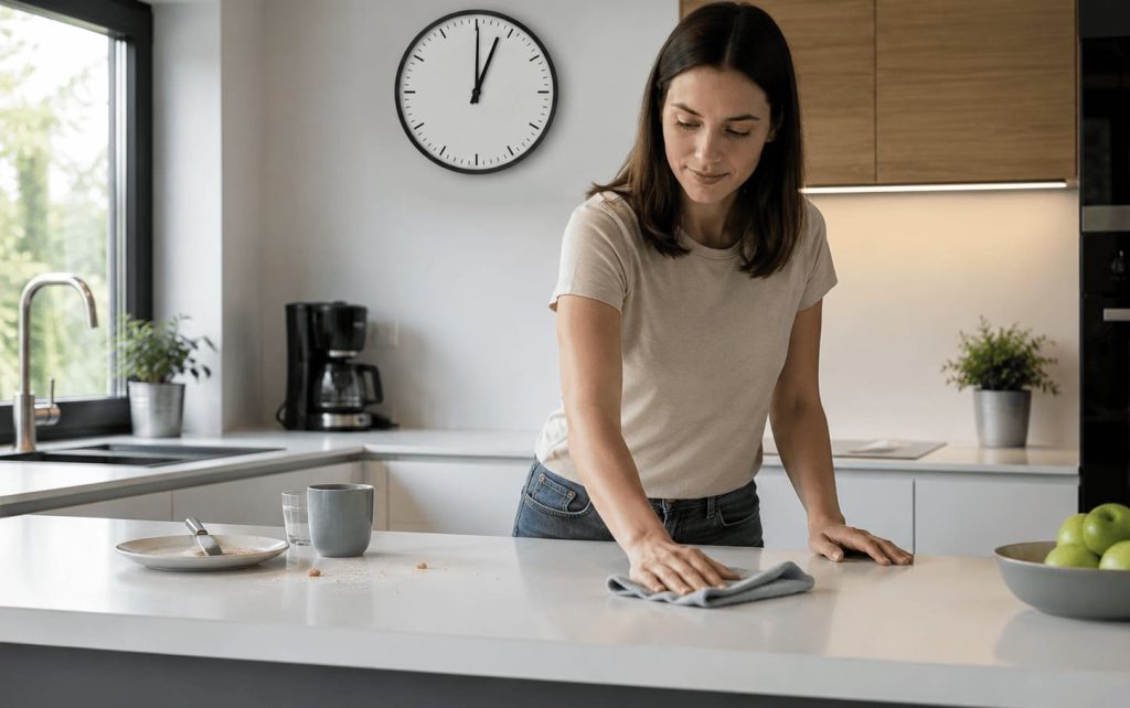 Nettoyage rapide de la surface de préparation après un repas dans une cuisine bien organisée.