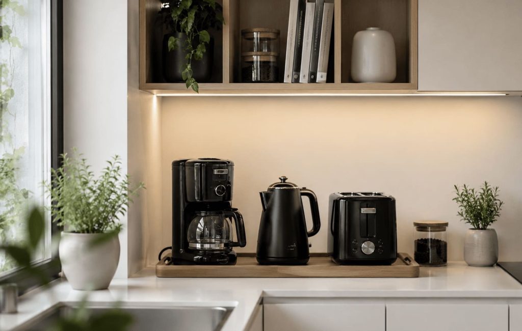 Organisation intelligente du plan de travail avec une zone café bien aménagée.