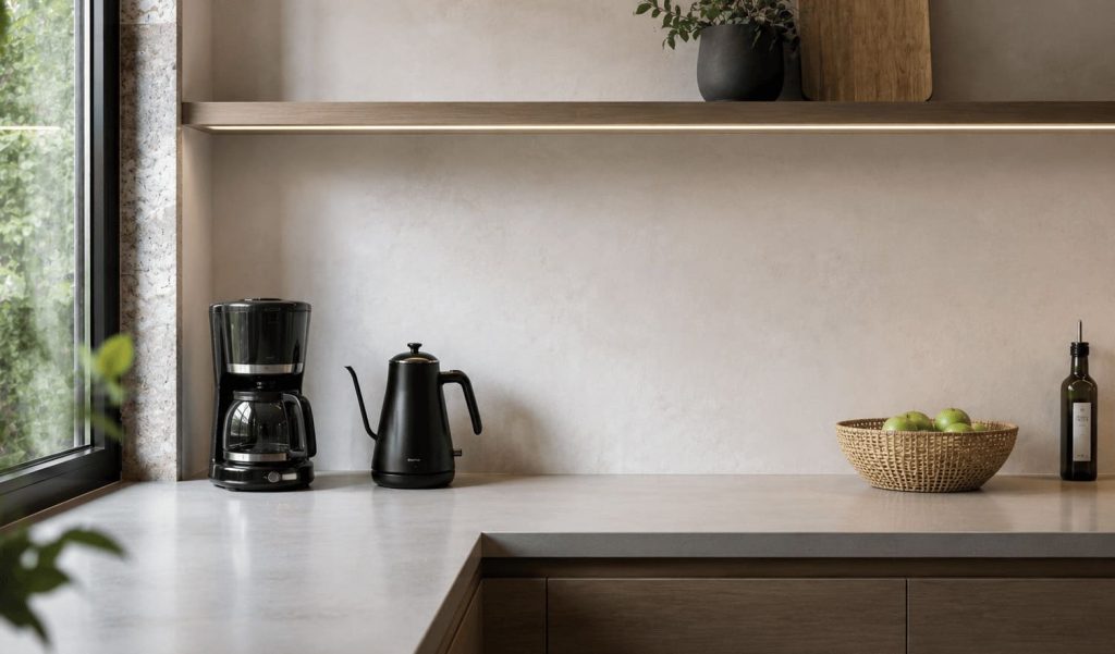 Sélection d’appareils et d’accessoires utiles disposés sur une surface de préparation bien organisée.