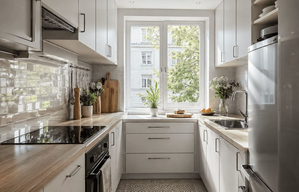 Petite cuisine optimisée avec un plan de travail propre et bien organisé.